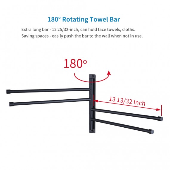 KES Hand Towel Holder for Bathroom Swing Out Black Towel Bar 4-Arm Swivel Foldable Drying Towel Rack SUS 304 Stainless Steel Wall Mount, A2102S4-BK