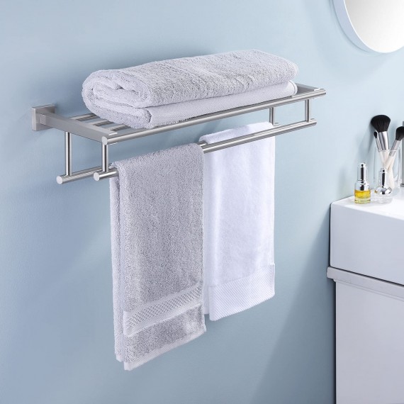 Bathroom Hotel Bath Towel Rack with Double Towel Bar 23.3-Inch Wall Mount Shelf Rustproof Stainless Steel Modern Brushed Finish, A2112S60-2
