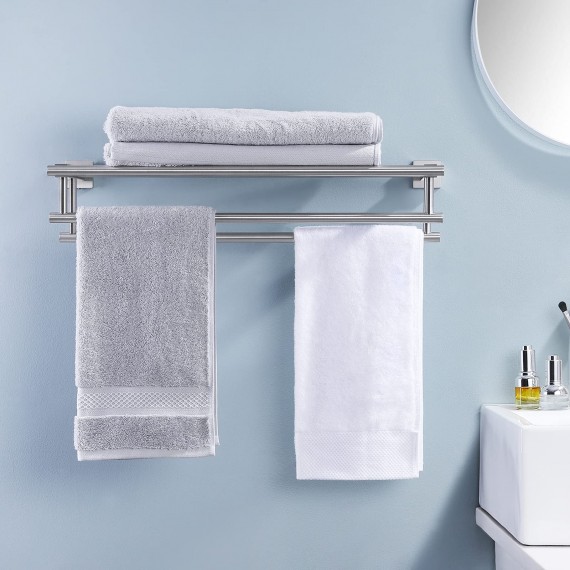 Bathroom Hotel Bath Towel Rack with Double Towel Bar 23.3-Inch Wall Mount Shelf Rustproof Stainless Steel Modern Brushed Finish, A2112S60-2