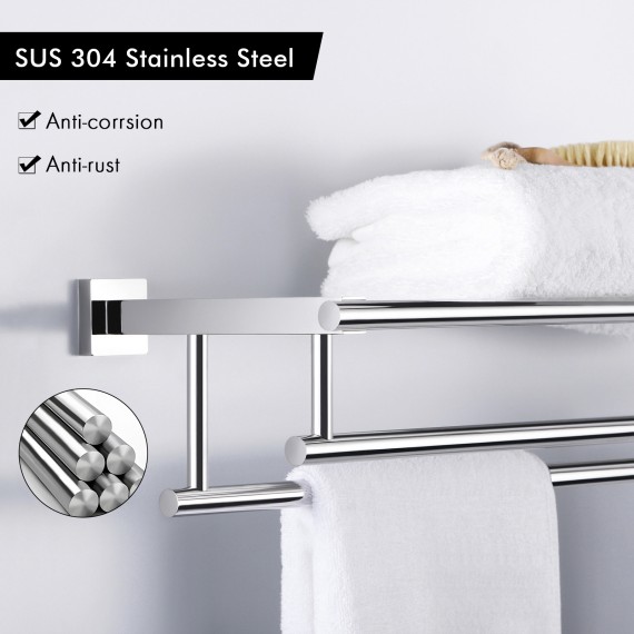 30-Inch Large Towel Rack with Shelf Stainless Steel Double Towel Bar Dual Hanger Storage Organizer Modern Square Style Wall Mount Polished Finish, A2112S75