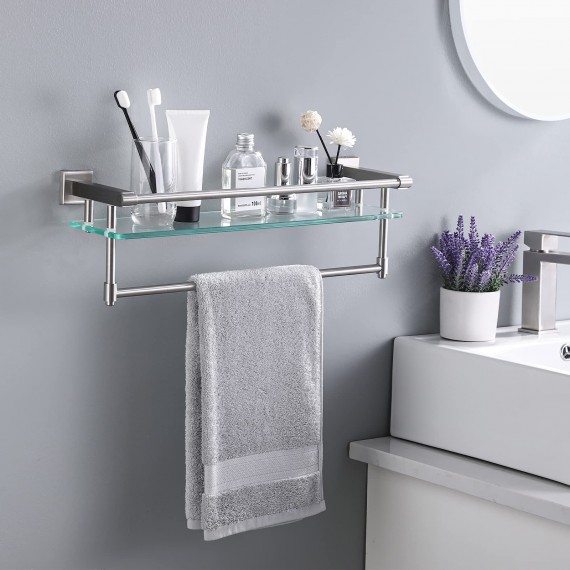 Bathroom Glass Shelf with Towel Bar and Rail 19.6 Inch x 5.9 Inch SUS304 Stainless Steel Brushed Finish Heavy-Duty Rustproof Wall Mount, A2225-2