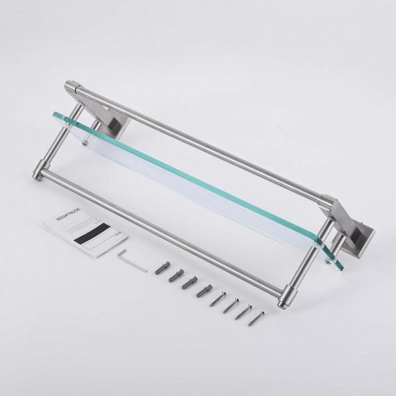Bathroom Glass Shelf with Towel Bar and Rail 19.6 Inch x 5.9 Inch SUS304 Stainless Steel Brushed Finish Heavy-Duty Rustproof Wall Mount, A2225-2