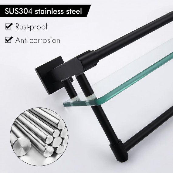 Bathroom Glass Shelf with Towel Bar and Rail Extra 8 MM-Thick Tempered Glass SUS 304 Stainless Steel Rustproof Rectangular Wall Mount Matte Black Finish, A2225-BK
