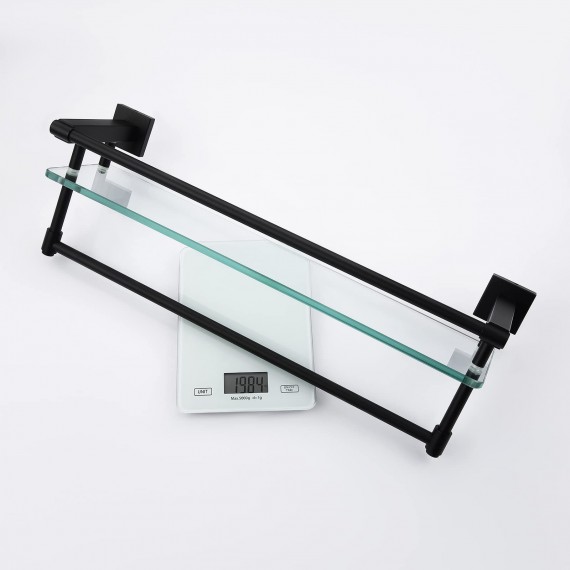 Bathroom Glass Shelf with Towel Bar and Rail Extra 8 MM-Thick Tempered Glass SUS 304 Stainless Steel Rustproof Rectangular Wall Mount Matte Black Finish, A2225-BK