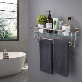 Bathroom Glass Shelf with Double Towel Bar and Rail SUS304 Stainless Steel Brushed Finish Heavy-Duty Rustproof Wall Mount, A2225B-2