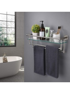 Bathroom Glass Shelf with Double Towel Bar and Rail SUS304 Stainless Steel Brushed Finish Heavy-Duty Rustproof Wall Mount, A2225B-2