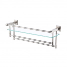 Bathroom Glass Shelf with Double Towel Bar and Rail SUS304 Stainless Steel Brushed Finish Heavy-Duty Rustproof Wall Mount, A2225BDG-2