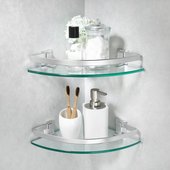 Bathroom Corner Glass Shelfr with Extra Thick TEMPERED Glass, Wall Mount, 2 Tiers, Aluminum A4120A-P2