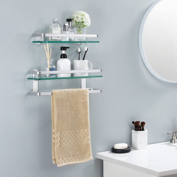 KES Glass Bathroom Shelf, Glass Shelving for Wall Bathroom Shelf with Bar Corner Shelf Rack Rectangular Wall Mounted Rustproof Sand Sprayed Aluminum Silver, A4126A+A4127A