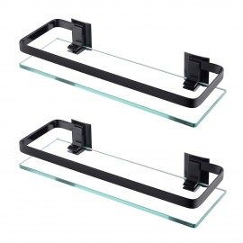 Bathroom Glass Shelf Aluminum Black Extra Thick Tempered Glass Rectangular 1 Tier Basket Wall Mounted, 2 Pack, A4126A-BK-P2