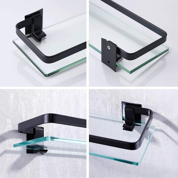 Bathroom Glass Shelf Aluminum Black Extra Thick Tempered Glass Rectangular 1 Tier Basket Wall Mounted, 2 Pack, A4126A-BK-P2