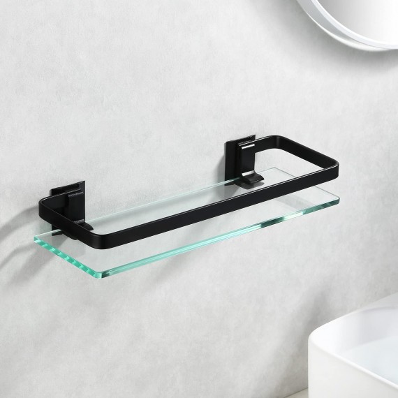 KES Bathroom Wall Shelf Black Aluminum Extra Thick Tempered Glass Rectangular 1 Tier Basket Wall Mounted, A4126A-BK
