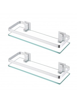 Bathroom Wall Mounted Glass Shelf with 8MM Extra Thick Glass & 2 Pack Retangular 1 Tier Storage Organizer, Sliver A4126A-P2