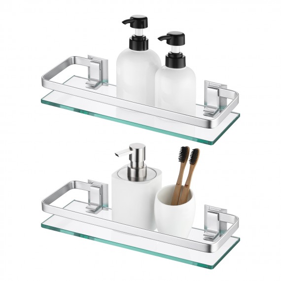 Bathroom Wall Mounted Glass Shelf with 8MM Extra Thick Glass & 2 Pack Retangular 1 Tier Storage Organizer, Sliver A4126A-P2