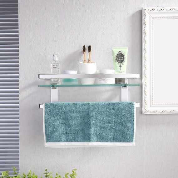 Bathroom Glass Shelf with Anodized Aluminum Towel Bar and Rail Extra 8 MM-Thick Tempered Glass Rustproof Retangular Storage Organizer Wall Mount Silver, WMBS003A