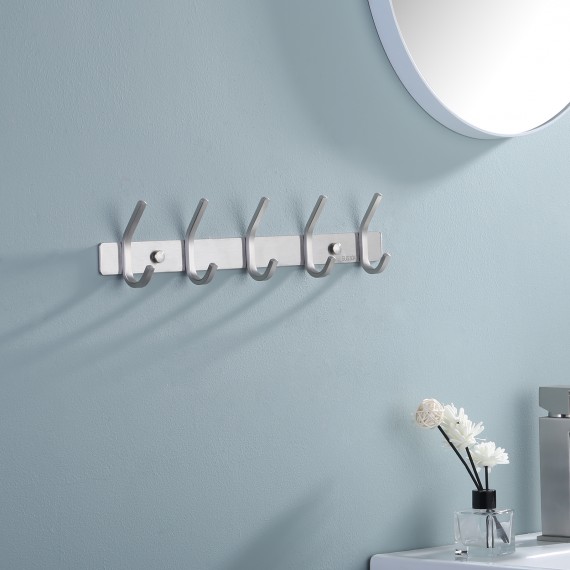 KES Bathroom Towel Rail Rack with 5 Scroll Hooks Wall Mount SUS304 Stainless Steel Brushed, AH203H5-2