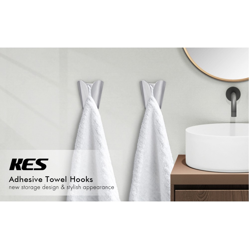 KESKitchen Towel Hooks Self Adhesive Dish Towel Holder Hand Towel Hook  Hanger Rustproof Stainless Steel Brushed Finish 2 Pack, AH7201-2-P2