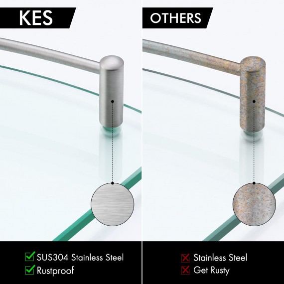 KES Glass Corner Shelf for Bathroom Corner Shelf 2 Pack Tempered Glass Shelf with Rail SUS 304 Stainless Steel Wall Mounted Brushed Finish, BGS2101A-2-P2