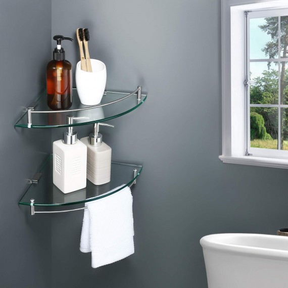 KES Glass Corner Shelf for Bathroom Corner Shelf 2 Pack Tempered Glass Shelf with Rail SUS 304 Stainless Steel Wall Mounted Brushed Finish, BGS2101A-2-P2