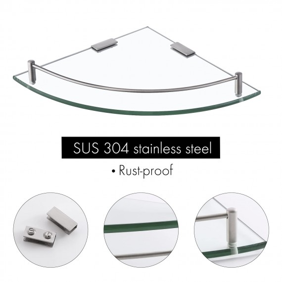 KES Glass Corner Shelf Bathroom Shelf Glass Shower Shelf Wall Mounted 7MM-Thick Tempered Glass with SUS 304 Stainless Steel Rail Brushed Finish, BGS2101A-2