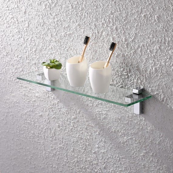 Bathroom 19.6 Inches Tempered Glass Shelf with 8mm Thick Rectangular Glass Extended, Wall Mount, Polished Chrome WMBS001S50PS