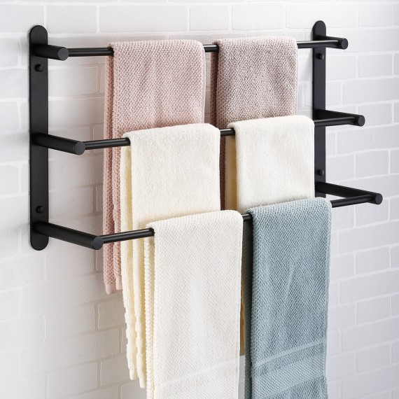 3-Tiers Bath Towel Bar 24-Inch Stainless Steel Bathroom Towel Rack Wall Mount, Matte Black Finish, BTH202S3-BK