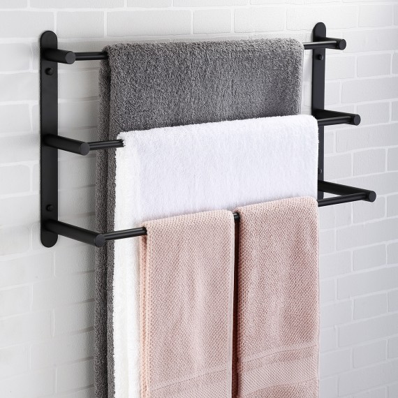 3-Tiers Bath Towel Bar 24-Inch Stainless Steel Bathroom Towel Rack Wall Mount, Matte Black Finish, BTH202S3-BK