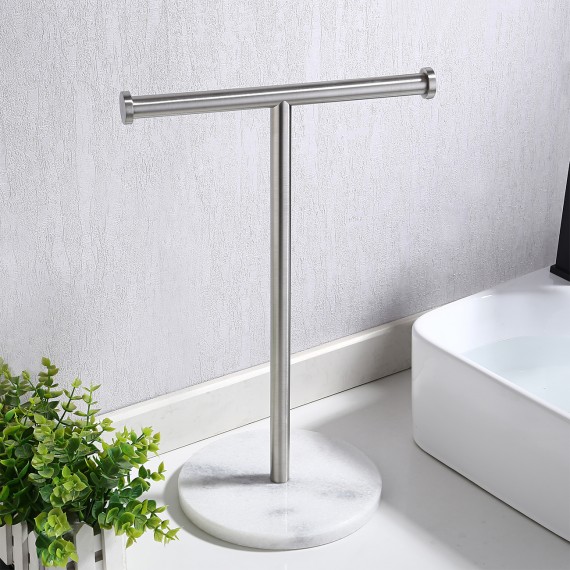 Bathroom Towel Rack with Natural Marble Base T-Shape, Brushed Finish WMTR002S20BS