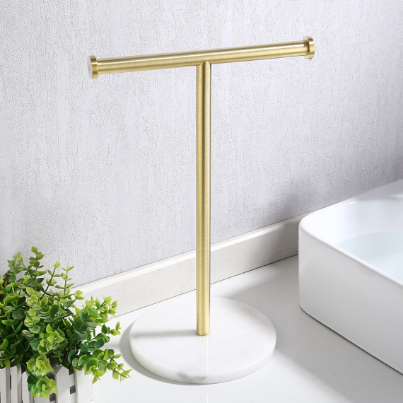Countertop Towel Rack with Natural Marble Base T-Shape Bathroom Hand Towel Holder Stand SUS304 Stainless Steel Brushed Brass, BTH205S20-BZ