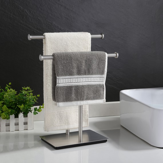 Hand Towel Holder Stand for Bathroom Double-T Towel Rack with Square Base Countertop SUS304 Stainless Steel Brushed Finish, BTH209A-2