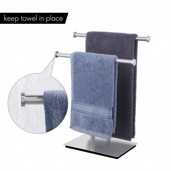 Hand Towel Holder Stand for Bathroom Double-T Towel Rack with Square Base Countertop SUS304 Stainless Steel Brushed Finish, BTH209A-2