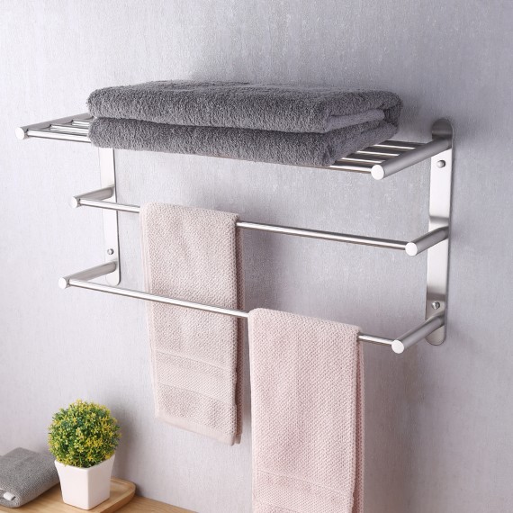 Towel Shelf 24 Inch Wall Mount Towel Rack with Double Towel Bar Bathroom Storage Organizer Shelf SUS304 Stainless Steel Brushed Finish, BTR205S60-2