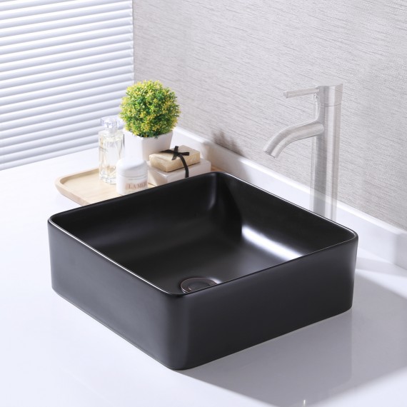 Bathroom Vessel Sink 14 Inch Above Counter Square Matte Black Ceramic Countertop Sink for Cabinet Lavatory Vanity, BVS122-BK