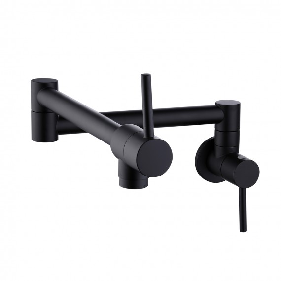 Kitchen Wall Mounted Pot Filler Faucet with Double Joint Swing Arm & Two Handles, Matte Black KN926LF-BK