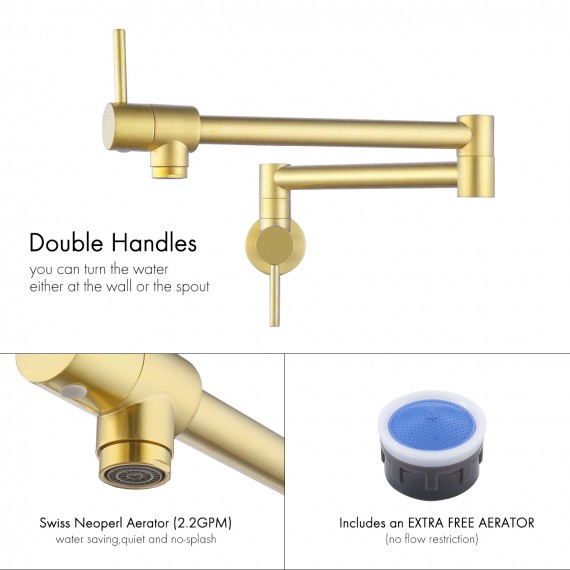 Kitchen Pot Filler Folding Faucet Brass Double Joint Swing Arm Sink Faucet Articulating Wall Mount Two Handle Brushed Brass, KN926LF-BZ