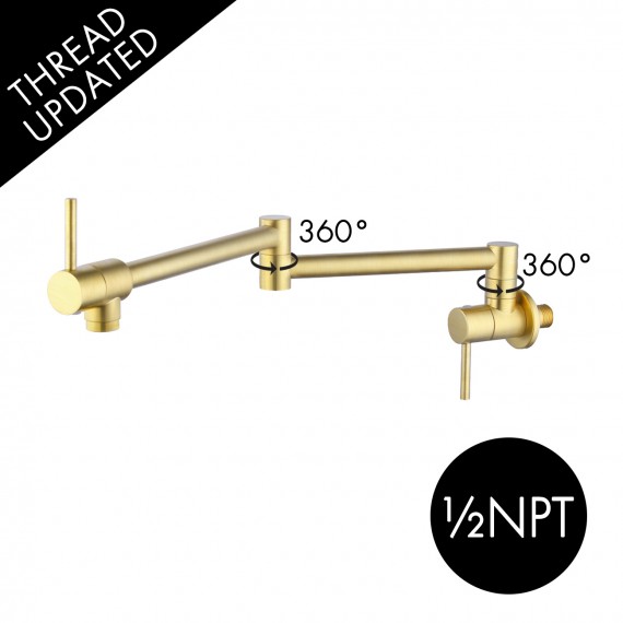 Kitchen Pot Filler Folding Faucet Brass Double Joint Swing Arm Sink Faucet Articulating Wall Mount Two Handle Brushed Brass, KN926LF-BZ