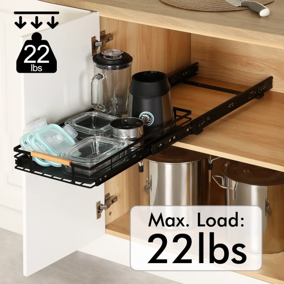 KES Pull Out Cabinet Organizer, 12" Wide Kitchen Bathroom Cabinet Drawer Heavy Duty Under Cabinet Slide Out Organizer Storage Shelves, Wooden Handle with Soft Close Black, KPO501W30D53-BK