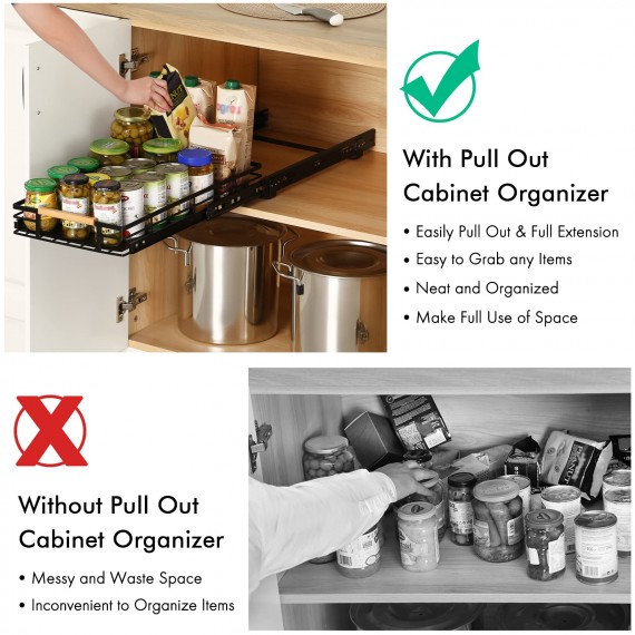 KES Pull Out Cabinet Organizer, 12" Wide Kitchen Bathroom Cabinet Drawer Heavy Duty Under Cabinet Slide Out Organizer Storage Shelves, Wooden Handle with Soft Close Black, KPO501W30D53-BK
