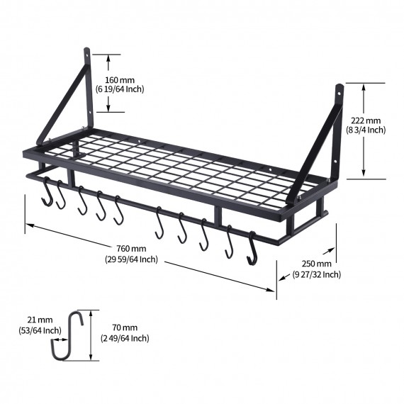 Kitchen 30 Inches Wall Mounted Pot Pan Rack Wall with 12 Hooks, Matte Black KUR215S75A-BK