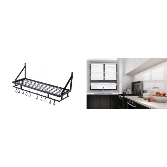 Kitchen 30 Inches Wall Mounted Pot Pan Rack Wall with 12 Hooks, Matte Black KUR215S75A-BK