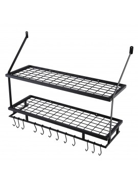Kitchen 30 Inches Wall Mounted Pot Pan Rack Wall with 12 Hooks 2 Tiers, Matte Black WMKPR001S75BBK