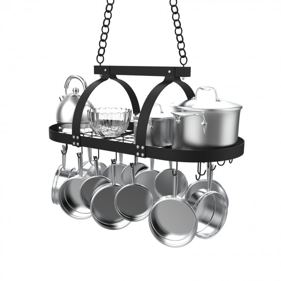 Kitchen 34 Inches Hanging Pot and Pan Rack with Ceiling & 20 Hooks, Matte Black KUR219S75-BK