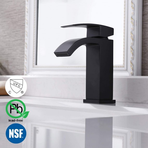 Bathroom Waterfall Faucet Single Handle One Hole Vanity Sink Faucet cUPC NSF Certified Brass Construction Matte Black Finish, L3109ALF-BK