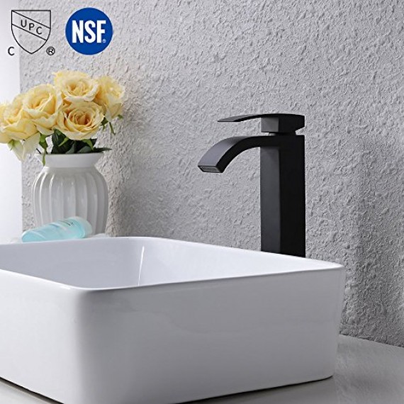 Bathroom Sink Faucet Single Handle Waterfall Spout for Vessel cUPC NSF Certified Brass Bowl Sink Faucet Countertop Tall Matte Black, L3109BLF-BK