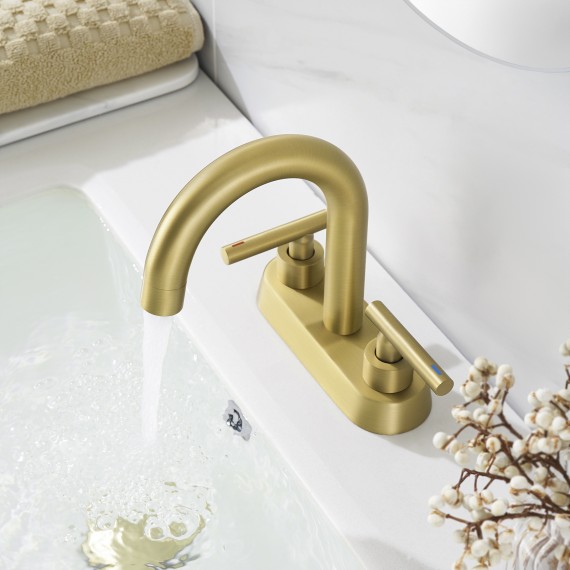 KES Brushed Gold Bathroom Faucet Modern 4 Inches Centerset Vanity Faucet Brass Construction Brushed Brass Finish, Sink Drain Not Included, L4117LF-BZ