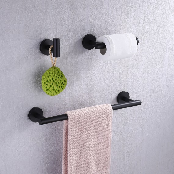 Black Bathroom Hardware Set 3-Piece 16-Inch Towel Bar Towel Hook Toilet Paper Holder Stainless Steel, LA20BK-32