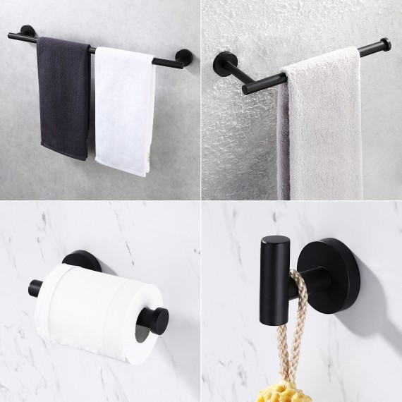 Bathroom 4 Pieces Hardware Set with 24 Inches Towel Bar, Toilet Paper Holder,Towel Hook, Hand Towel Holder,Wall Mount, Black LA20BK-42