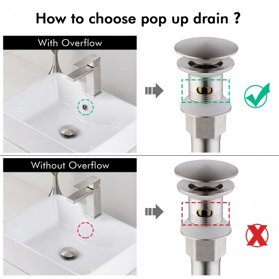 KES Bathroom Sink Drain with Strainer Basket Hair Catcher Anti Clog Pop Up Drain Stopper Vanity Vessel Sink with Overflow, Brushed Nickel WMBSD003A-BN