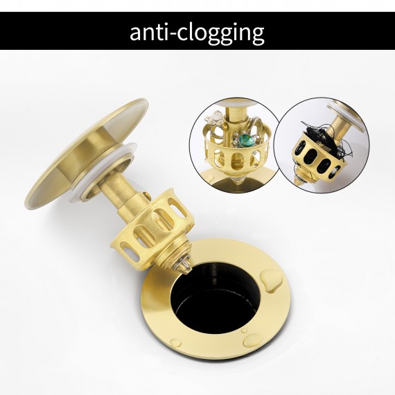 Sink Drain without Overflow Anti Clogging Pop Up Drain with Strainer Bathroom Sink Drain Assembly Brushed Brass, S2013D-BZ