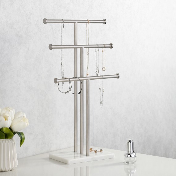 Jewelry Stand 3 Tier Necklace Holder with Natural Marble Base T-Shape Bracelet Holder Jewerly Holder Organizer SUS304 Stainless Steel Brushed Finish, SJT200-2